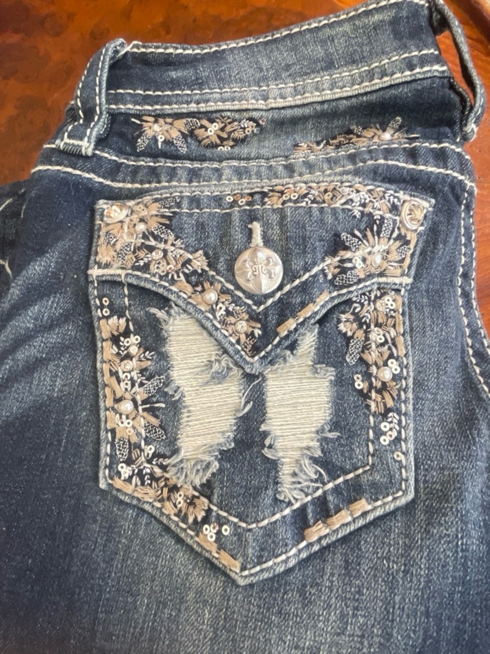 Miss Me Y2K Dark Blue Skinny Jeans with Embellished Distressed Pocket